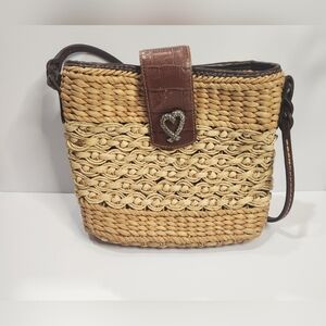 Vintage Brighton straw shoulder bag with dark brown leather strap